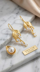 14k Gold Plated Leaf Earrings with Teardrop Crystals