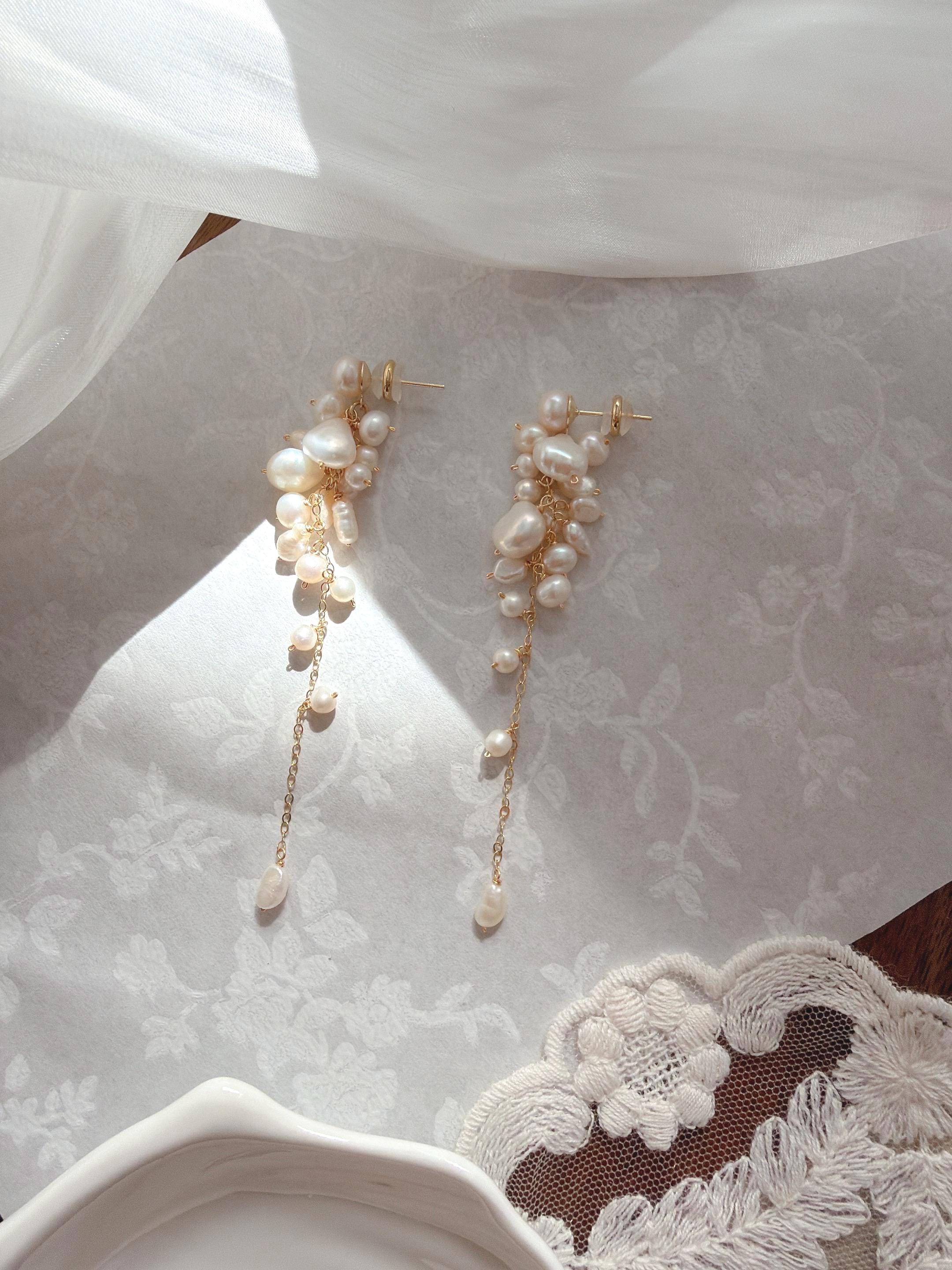 Freshwater Pearl Cascade Earrings, Gold Drop, Bridal Statement Jewelry
