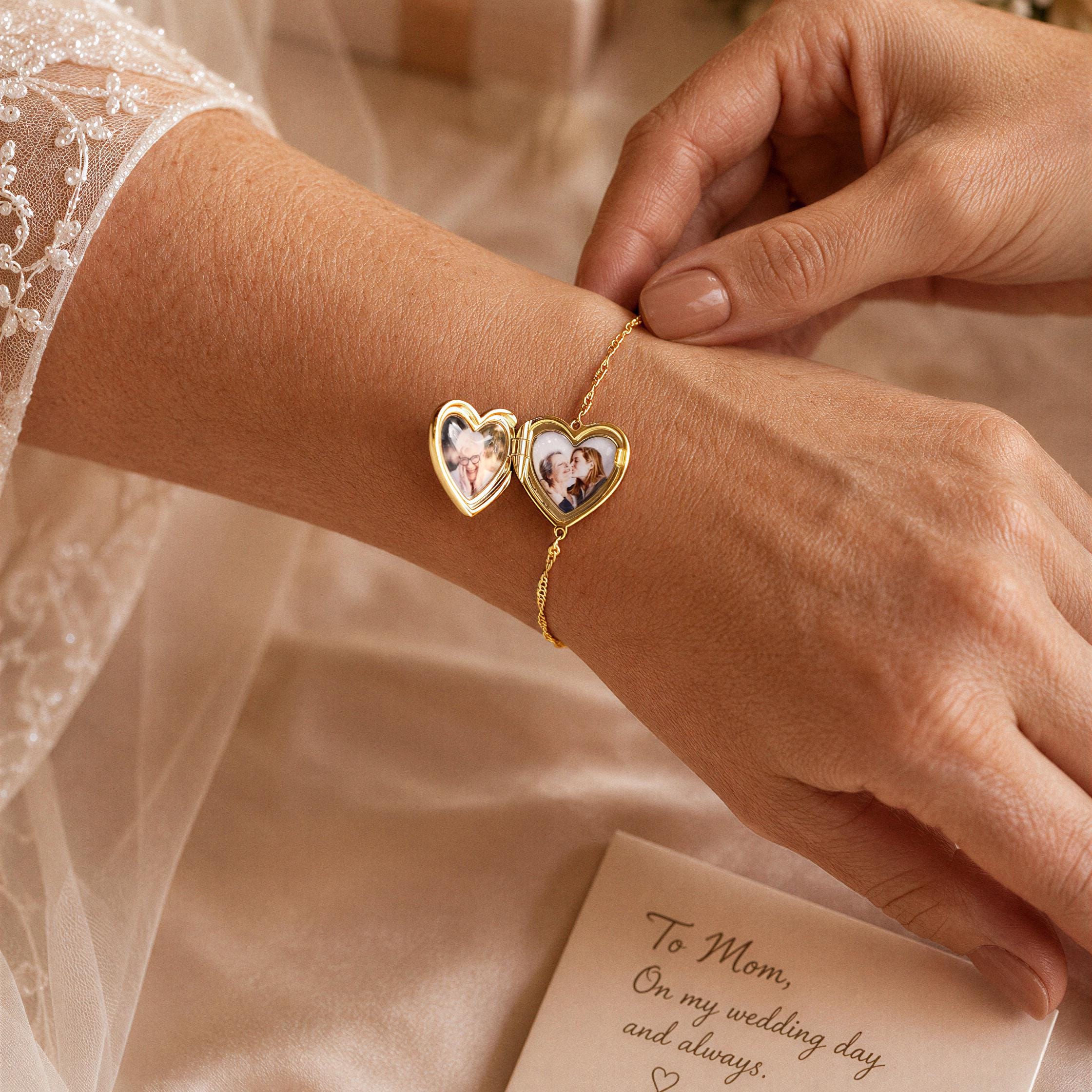 Heart Photo Locket Bracelet, Custom Picture Bracelet, Personalized Gift for Mom of Bride, Anniversary Gift, Memorial Jewelry for Her