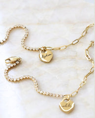 Personalized Heart Charm CZ Tennis Bracelet with Paperclip Chain