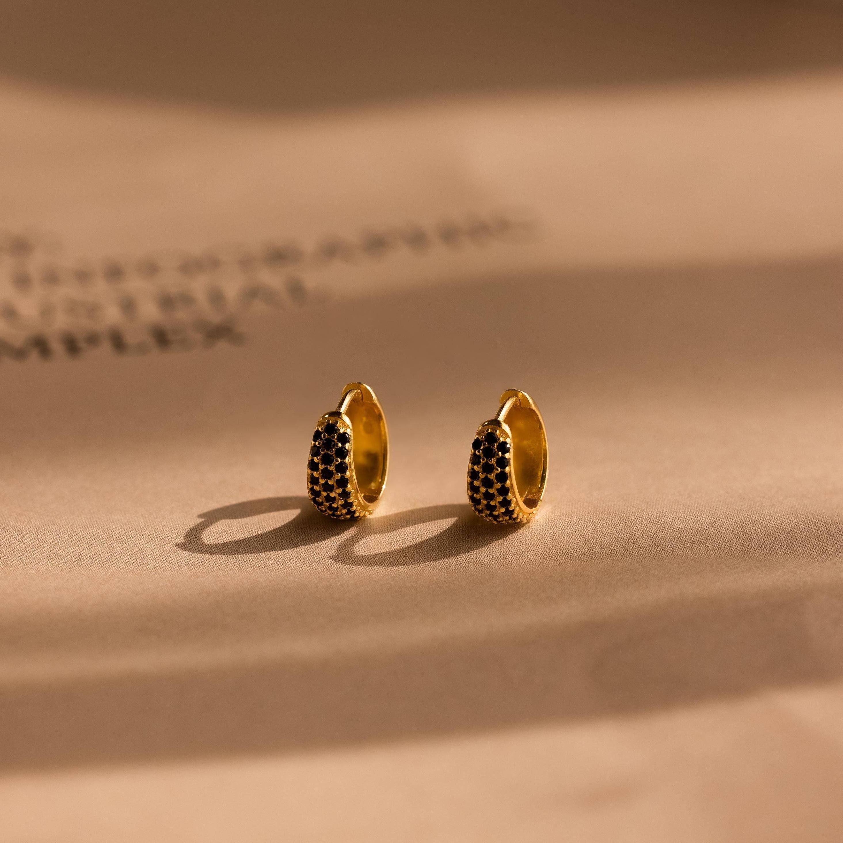 Chunky Onyx Pave Huggies - Thick Black Diamond Hoop Earrings in Gold
