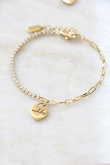 Personalized Heart Charm CZ Tennis Bracelet with Paperclip Chain