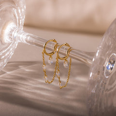 Crystal Chain Drop Huggies - Dangling Diamond Chain Earrings