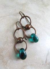 Teal Infinity Droplets Earrings with Copper Dangles and Niobium Earwires