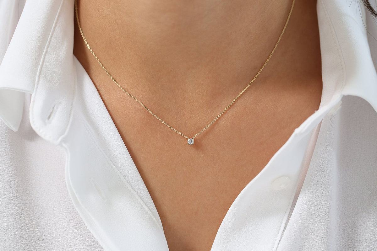 14k Gold Diamond Solitaire Necklace, Prong Setting