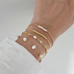 18K Gold Filled Pearl Bracelet Set: Hypoallergenic Layering Bracelets