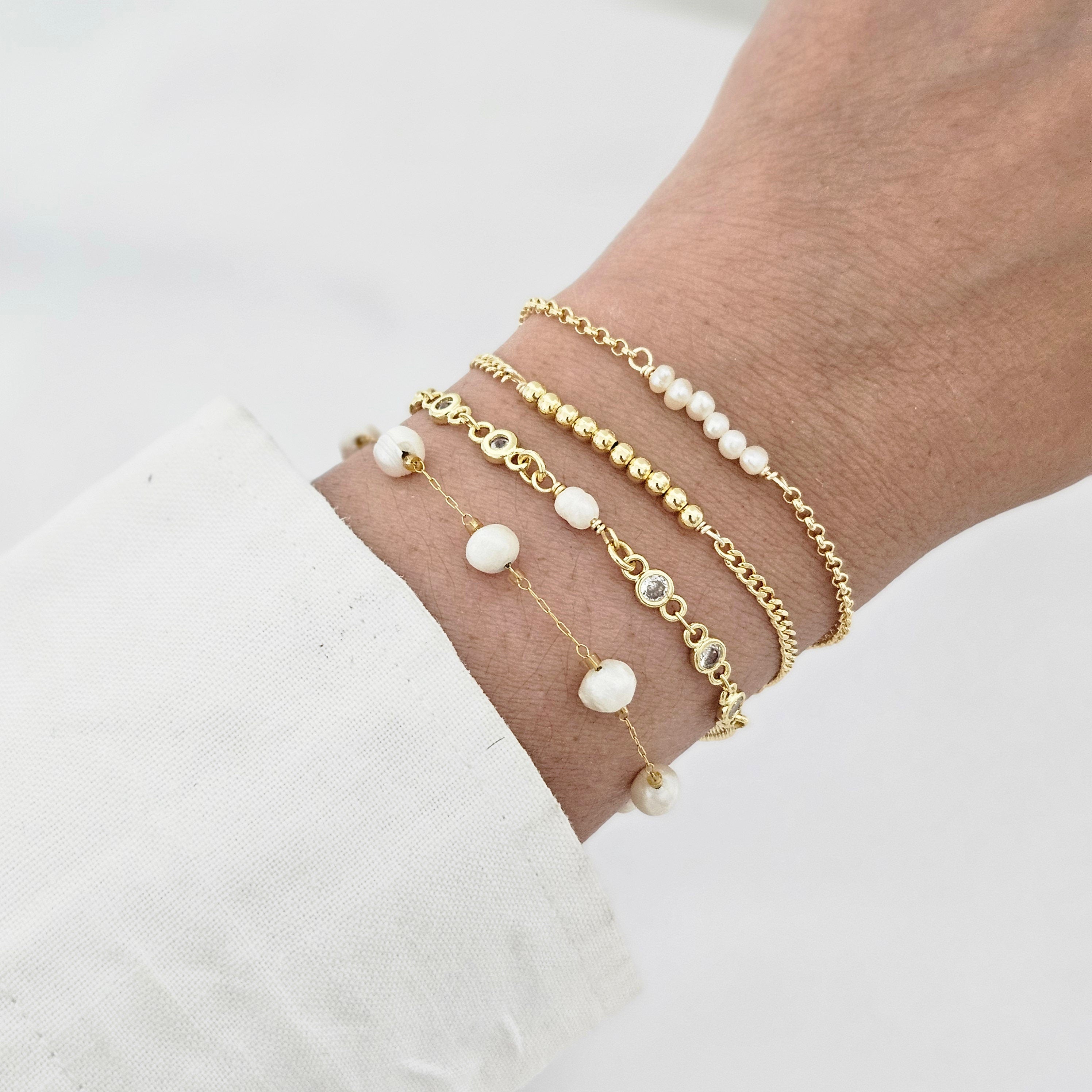 18K Gold Filled Pearl Bracelet Set: Hypoallergenic Layering Bracelets