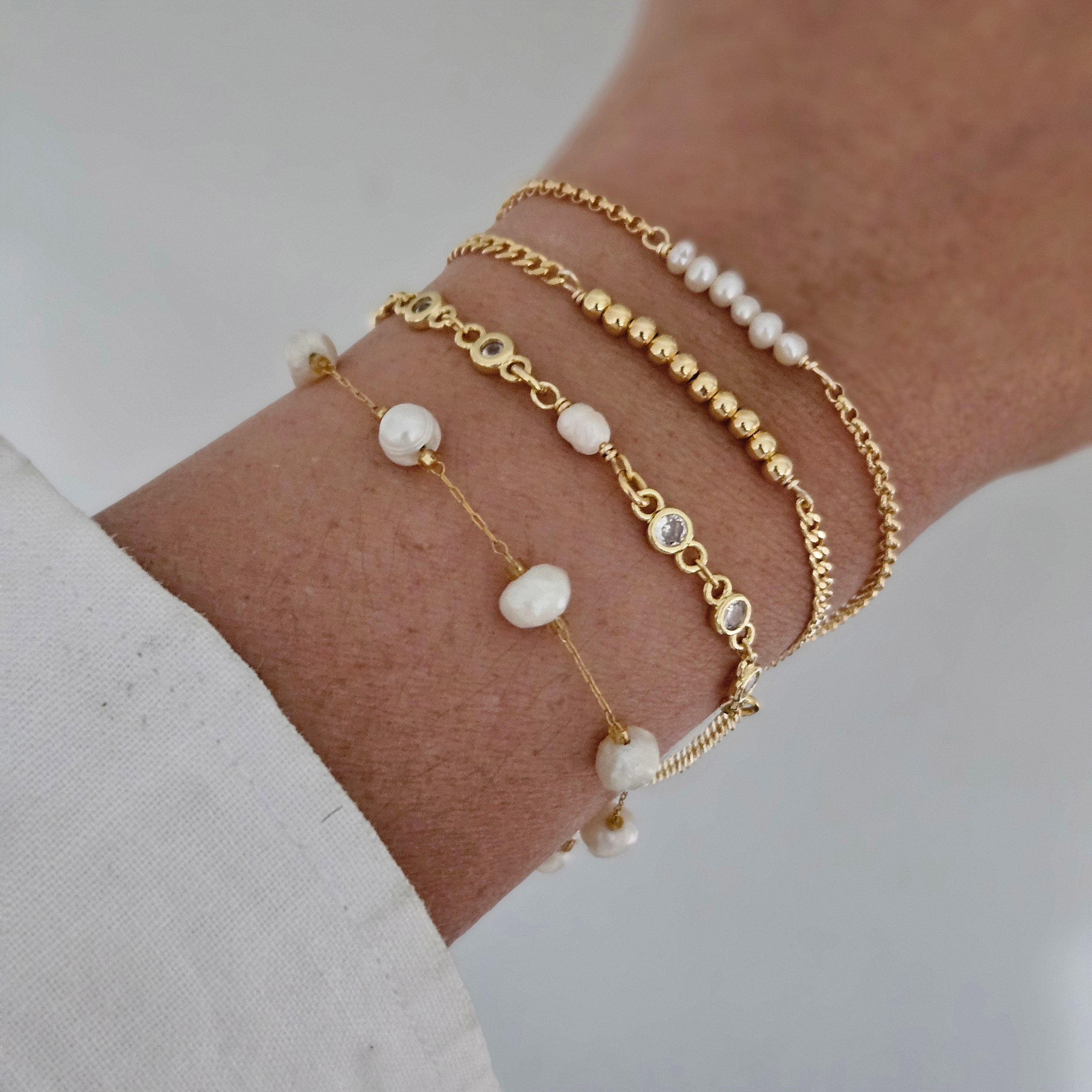 18K Gold Filled Pearl Bracelet Set: Hypoallergenic Layering Bracelets