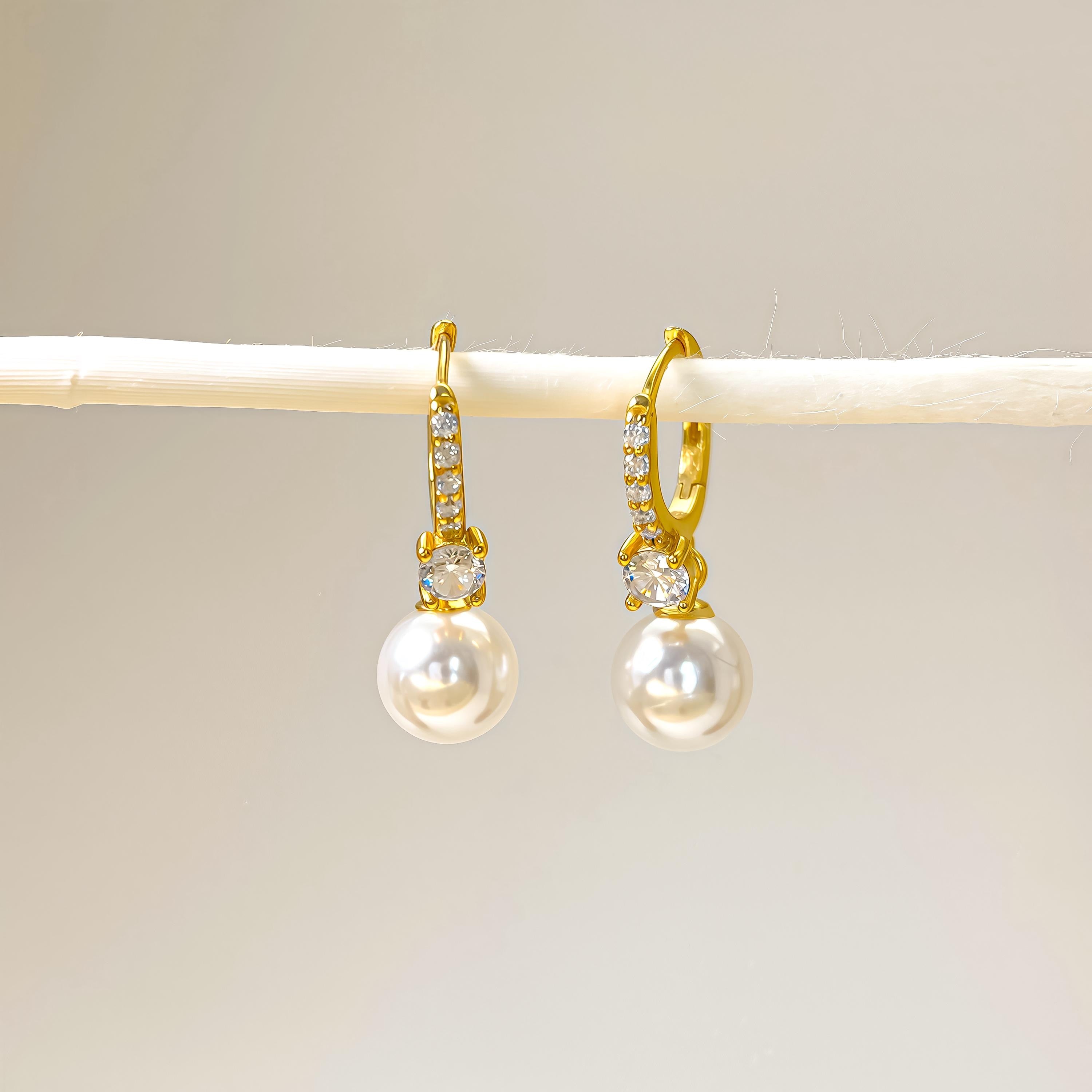 Diamond & Pearl Earrings, Minimalist Dangling Pearl Earrings for Women