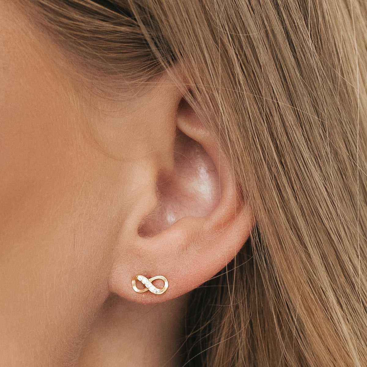 Gold Infinity Stud Earrings, Dainty Minimalist Jewelry, Sparkling CZ Earrings, Symbol of Love & Eternity, Perfect Gift for Her, E041