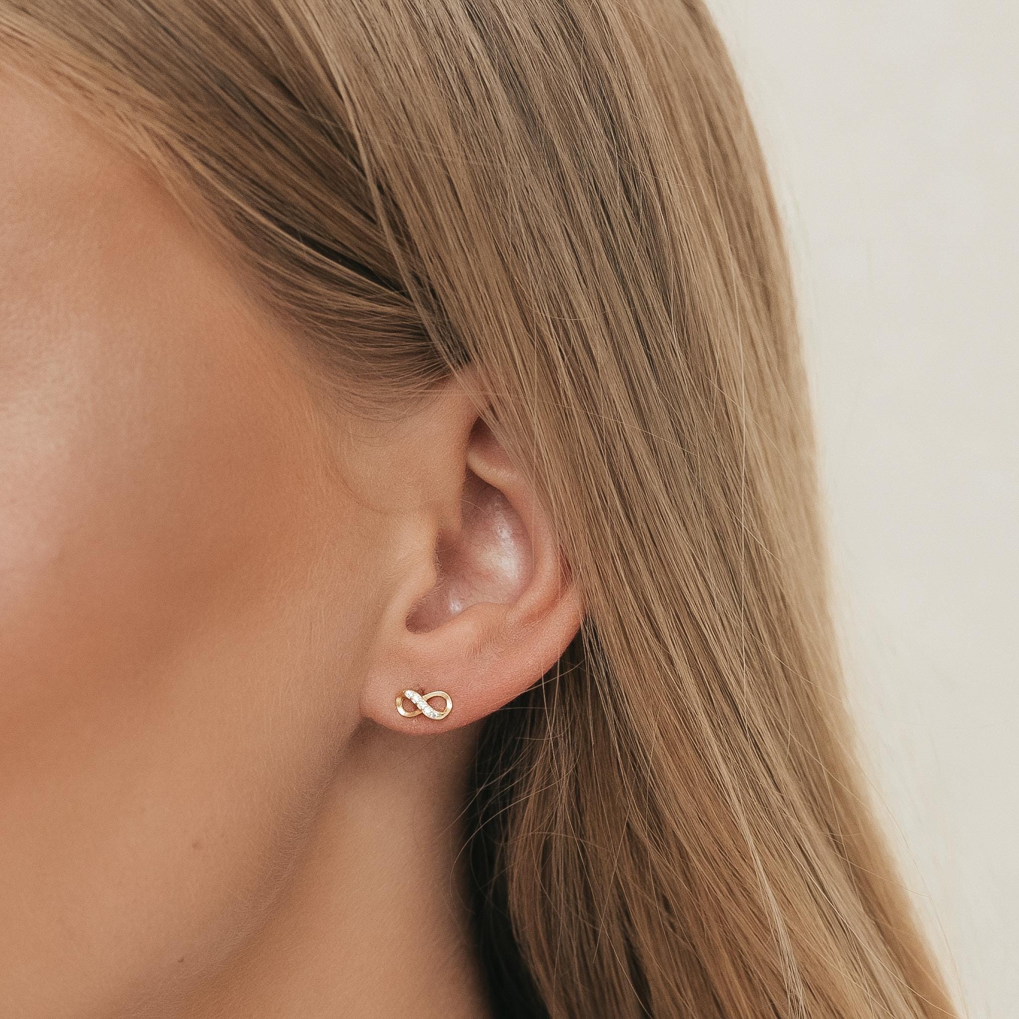 Gold Infinity Stud Earrings, Dainty Minimalist Jewelry, Sparkling CZ Earrings, Symbol of Love & Eternity, Perfect Gift for Her, E041