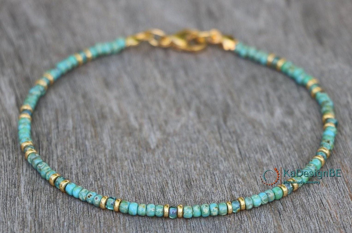 Turquoise Beaded Necklace for Women, Gold Accents, Miyuki Seed Beads