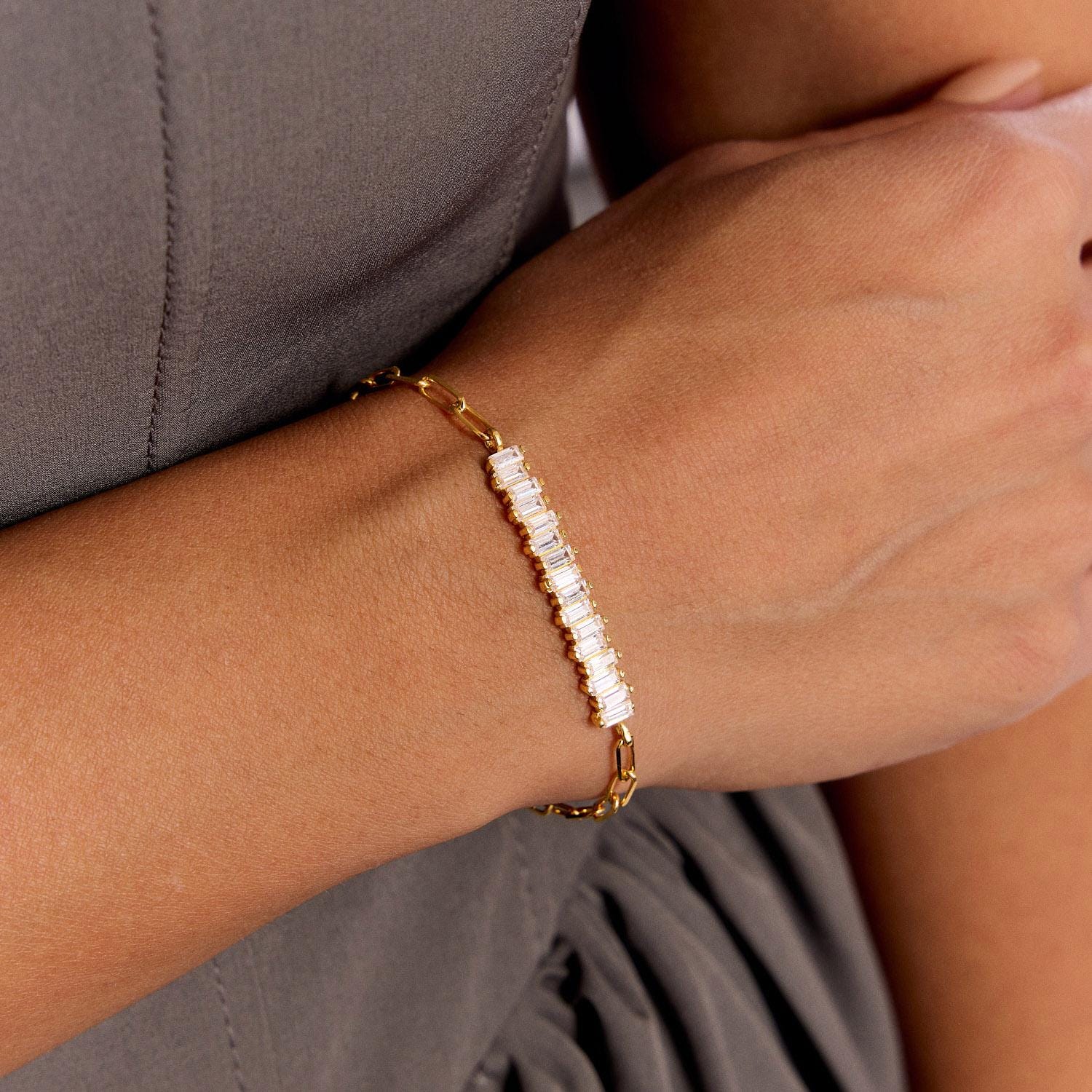 18K Gold Plated Baguette CZ Chain Bracelet