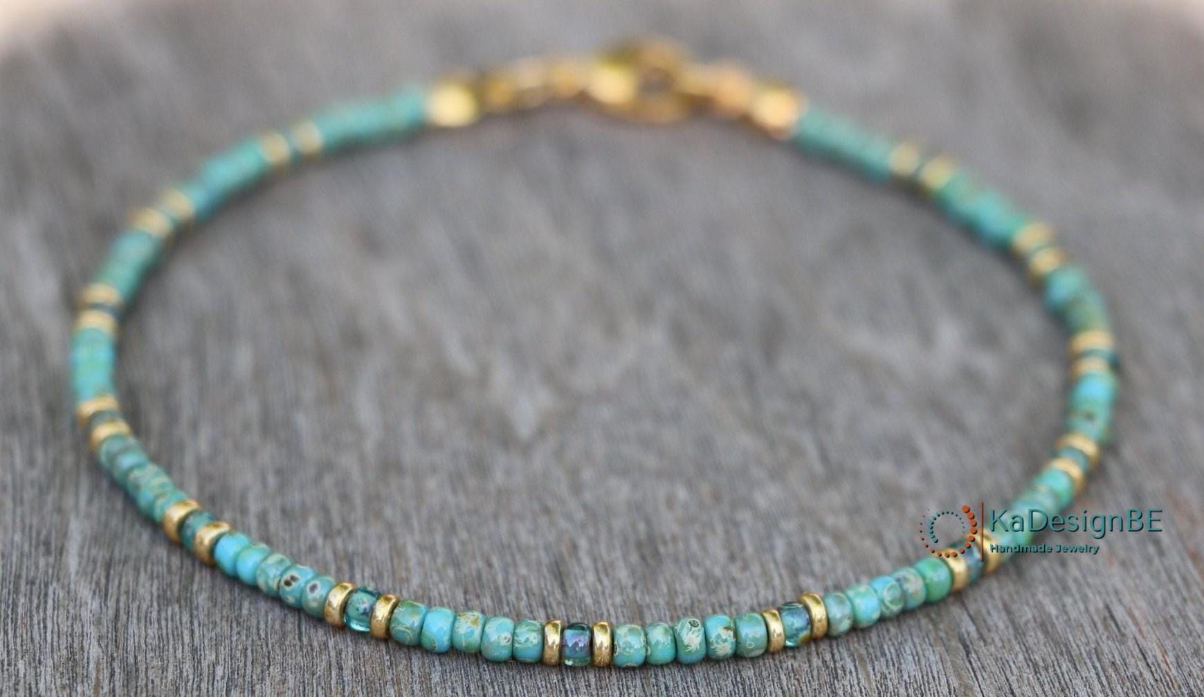 Turquoise Beaded Necklace for Women, Gold Accents, Miyuki Seed Beads