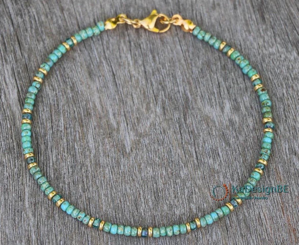 Turquoise Beaded Necklace for Women, Gold Accents, Miyuki Seed Beads