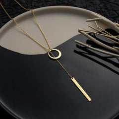 Circle and Bar Lariat Necklace in Gold, Dainty Y Necklace for Women, Modern Drop Bar Pendant