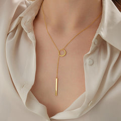 Circle and Bar Lariat Necklace in Gold, Dainty Y Necklace for Women, Modern Drop Bar Pendant