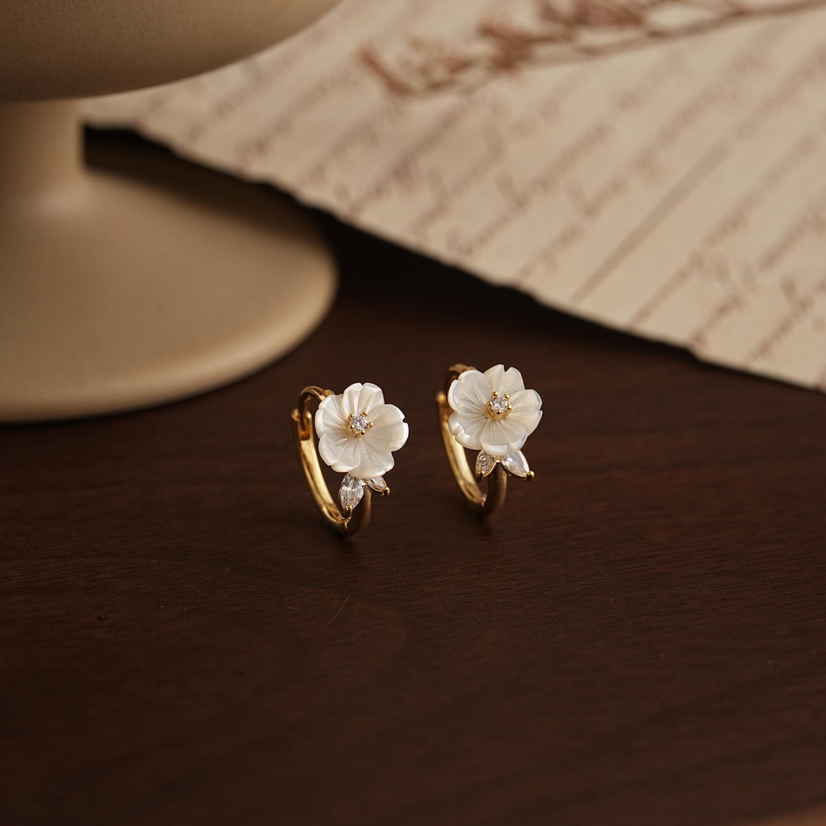 Mother of Pearl Flower Hoop Earrings, Dainty Floral Pearl Hoop Earrings, Gold Huggie Earrings, Bridal Earrings