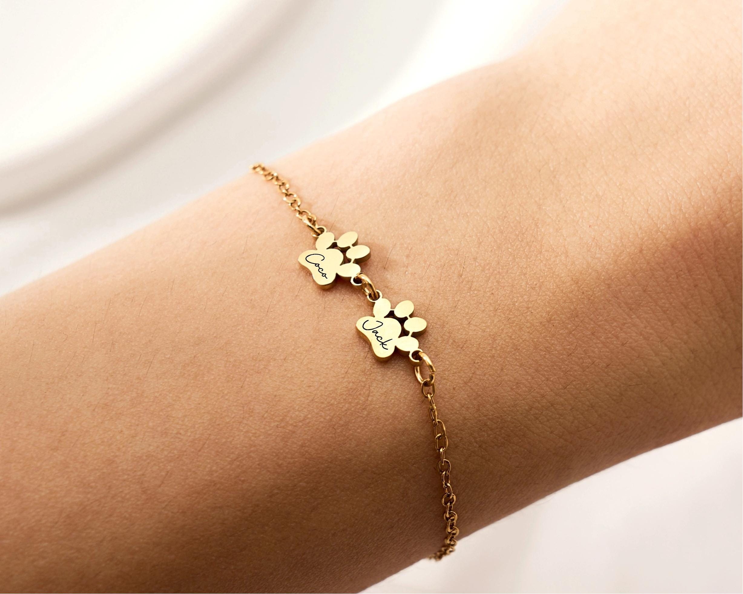 Custom Paw Print Bracelet, Personalized Pet Name Jewelry, Minimalist Dog Cat Paw Charm