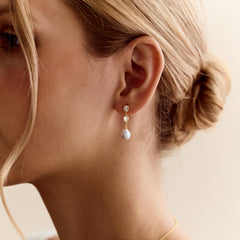 925 Sterling Silver Teardrop Freshwater Pearl Drop Earrings with CZ Accent