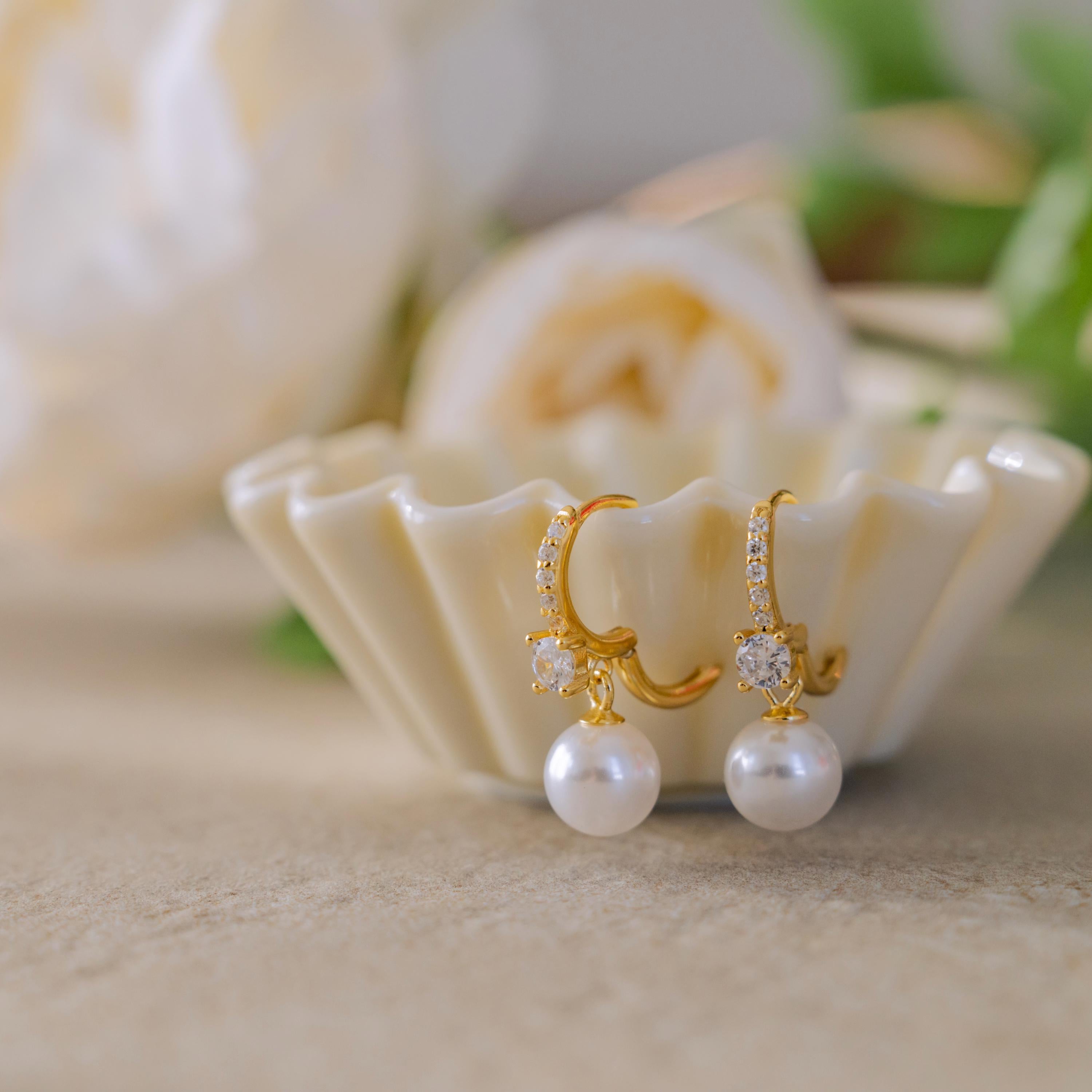 Diamond & Pearl Earrings, Minimalist Dangling Pearl Earrings for Women