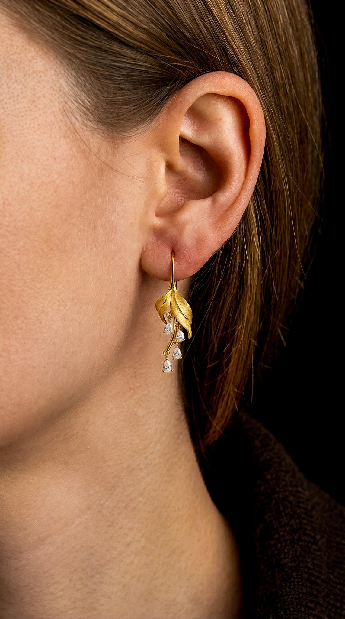 14k Gold Plated Leaf Earrings with Teardrop Crystals
