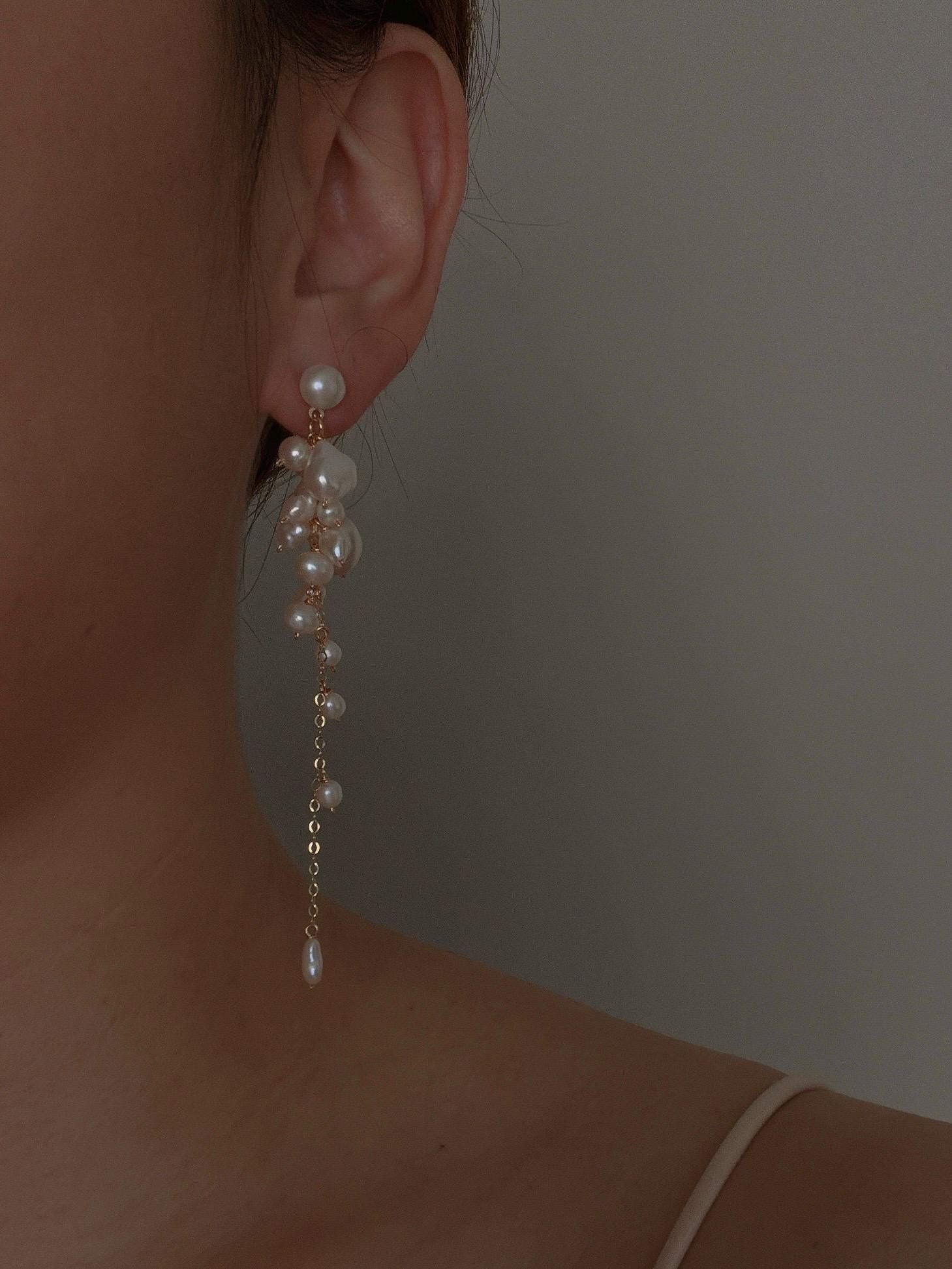 Freshwater Pearl Cascade Earrings, Gold Drop, Bridal Statement Jewelry