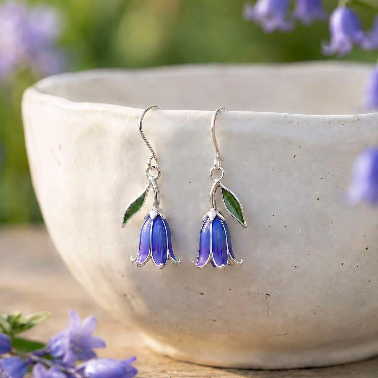 Bluebell Flower Earrings, Sterling Silver Enamel Dangle Earrings, Woodland Flower Jewelry