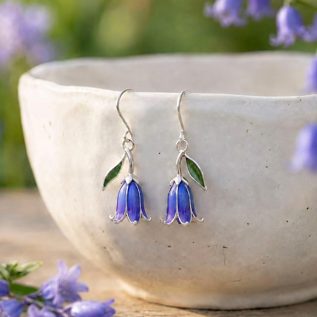 Bluebell Flower Earrings, Sterling Silver Enamel Dangle Earrings, Woodland Flower Jewelry