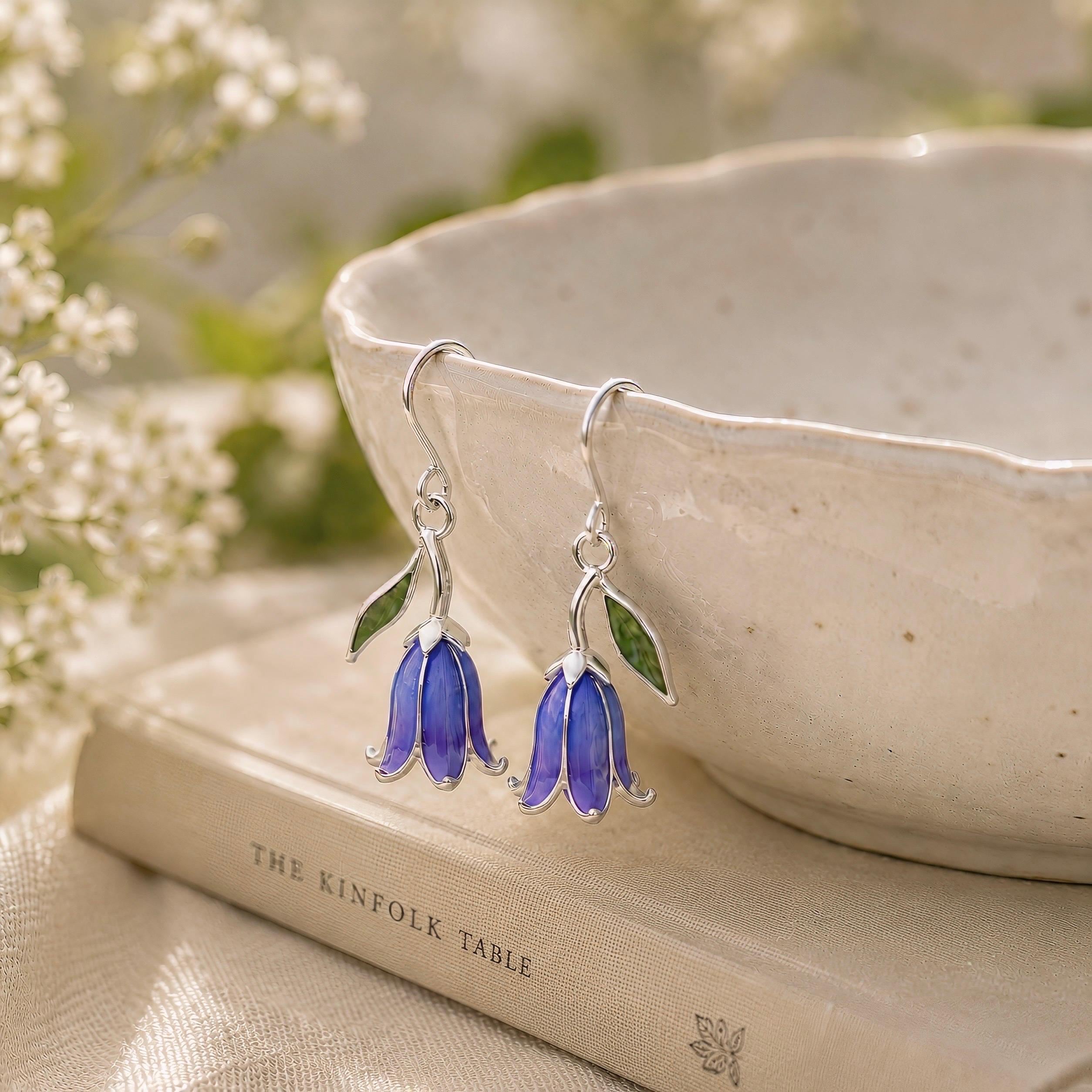 Bluebell Flower Earrings, Sterling Silver Enamel Dangle Earrings, Woodland Flower Jewelry