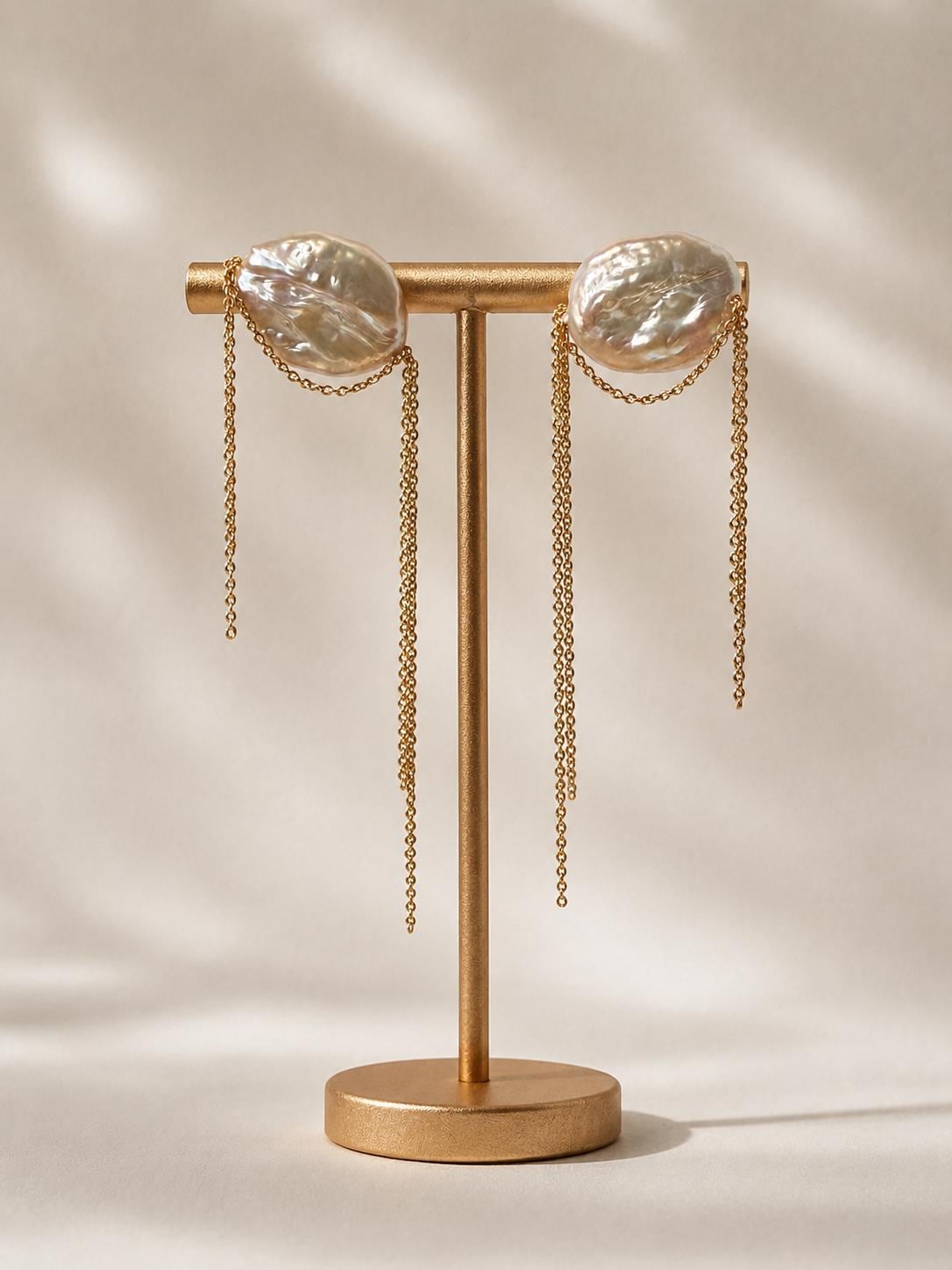 Baroque Pearl Bridal Earrings Gold Chain Wedding Earrings Statement Bride Freshwater Jewelry