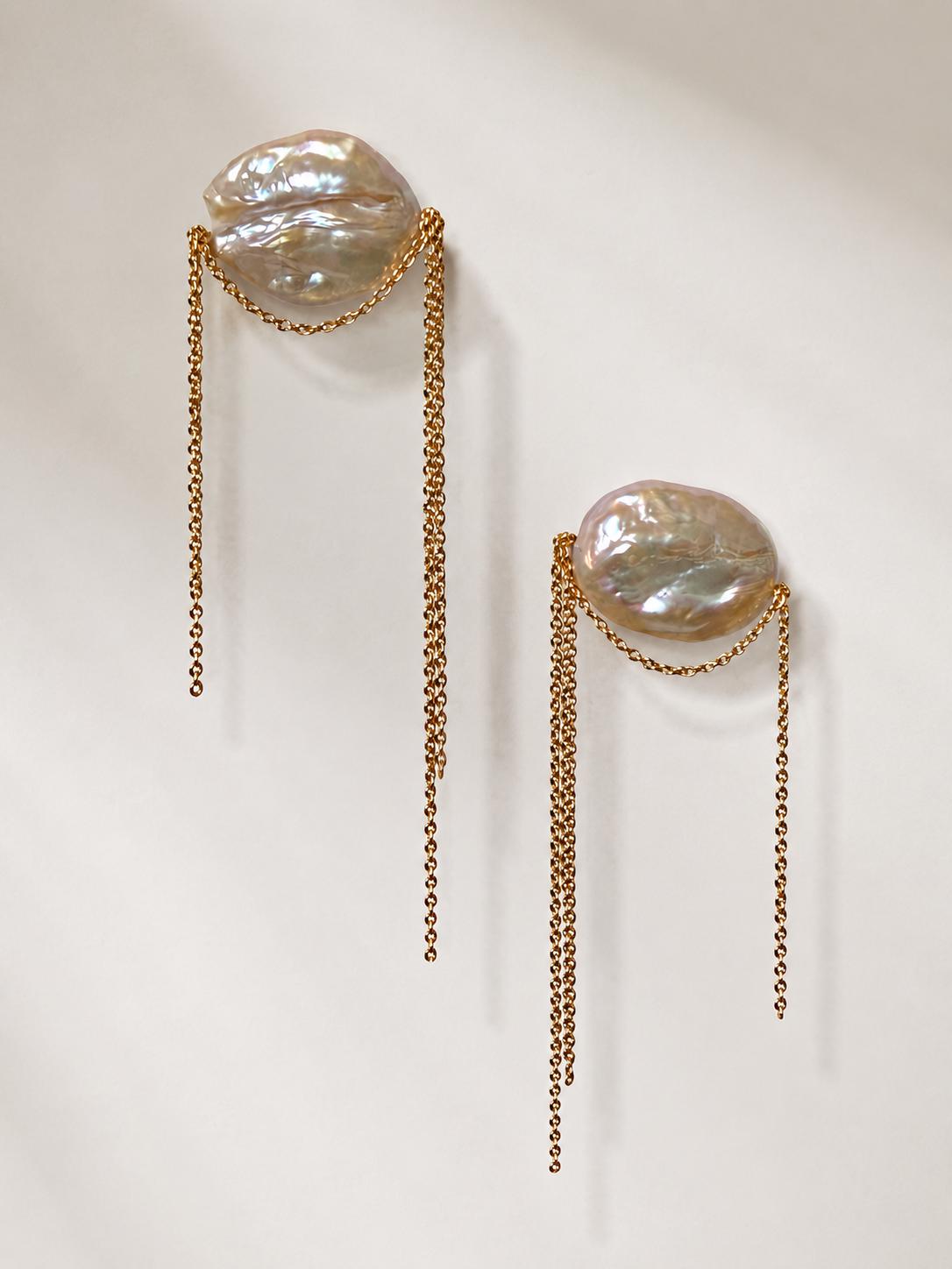 Baroque Pearl Bridal Earrings Gold Chain Wedding Earrings Statement Bride Freshwater Jewelry