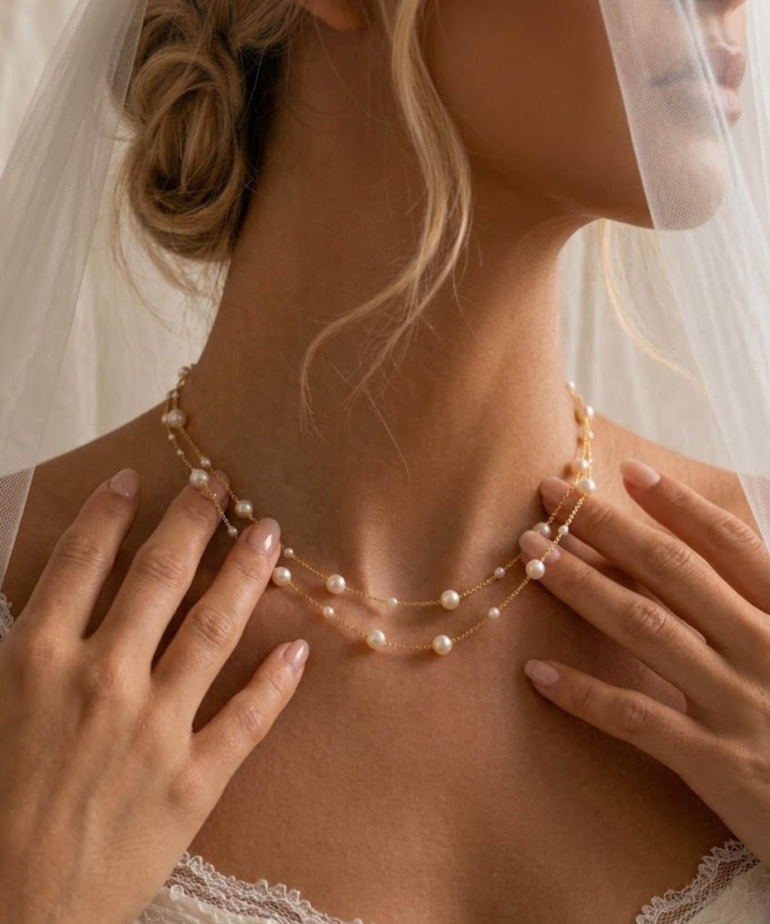 Double Layer Pearl Necklace, 18K Gold Necklace, Wedding Pearl Jewelry, Minimalist Gold, Bridal Gift
