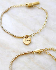 Personalized Heart Charm CZ Tennis Bracelet with Paperclip Chain