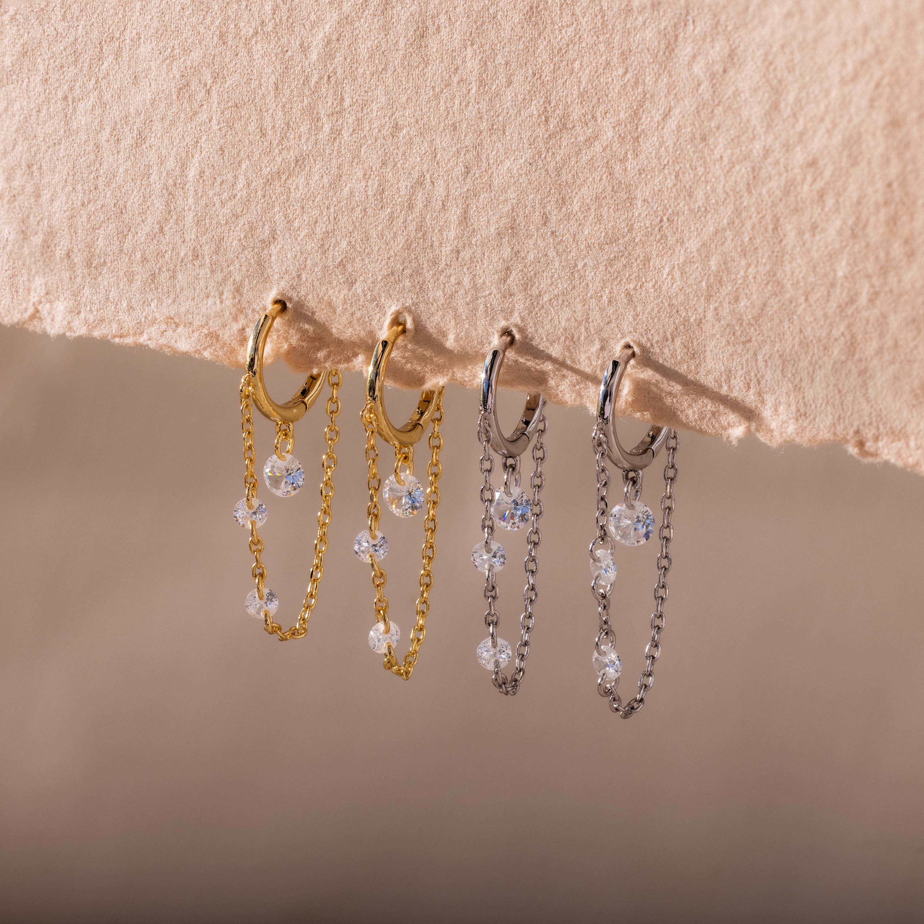 Crystal Chain Drop Huggies - Dangling Diamond Chain Earrings