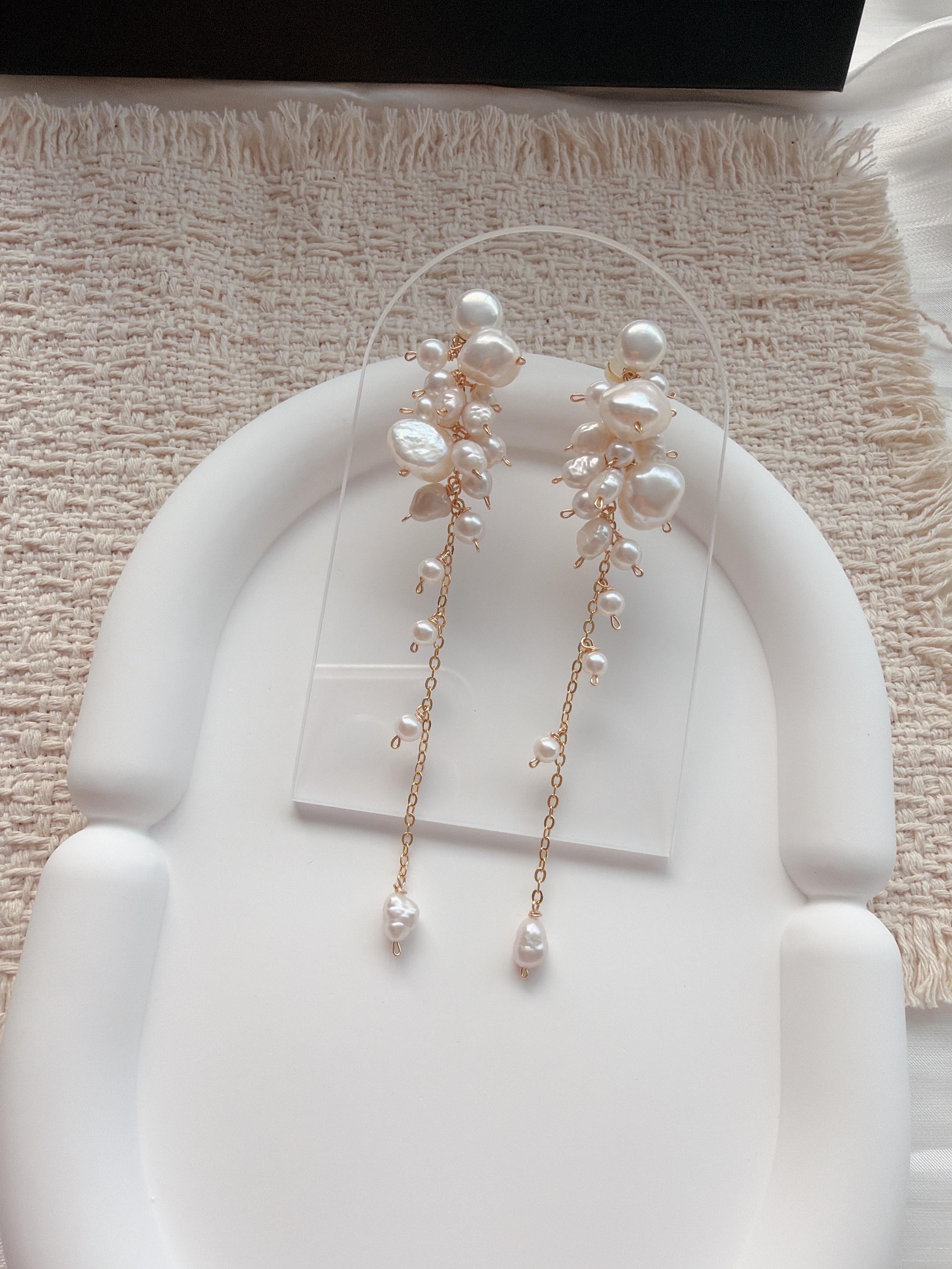 Freshwater Pearl Cascade Earrings, Gold Drop, Bridal Statement Jewelry