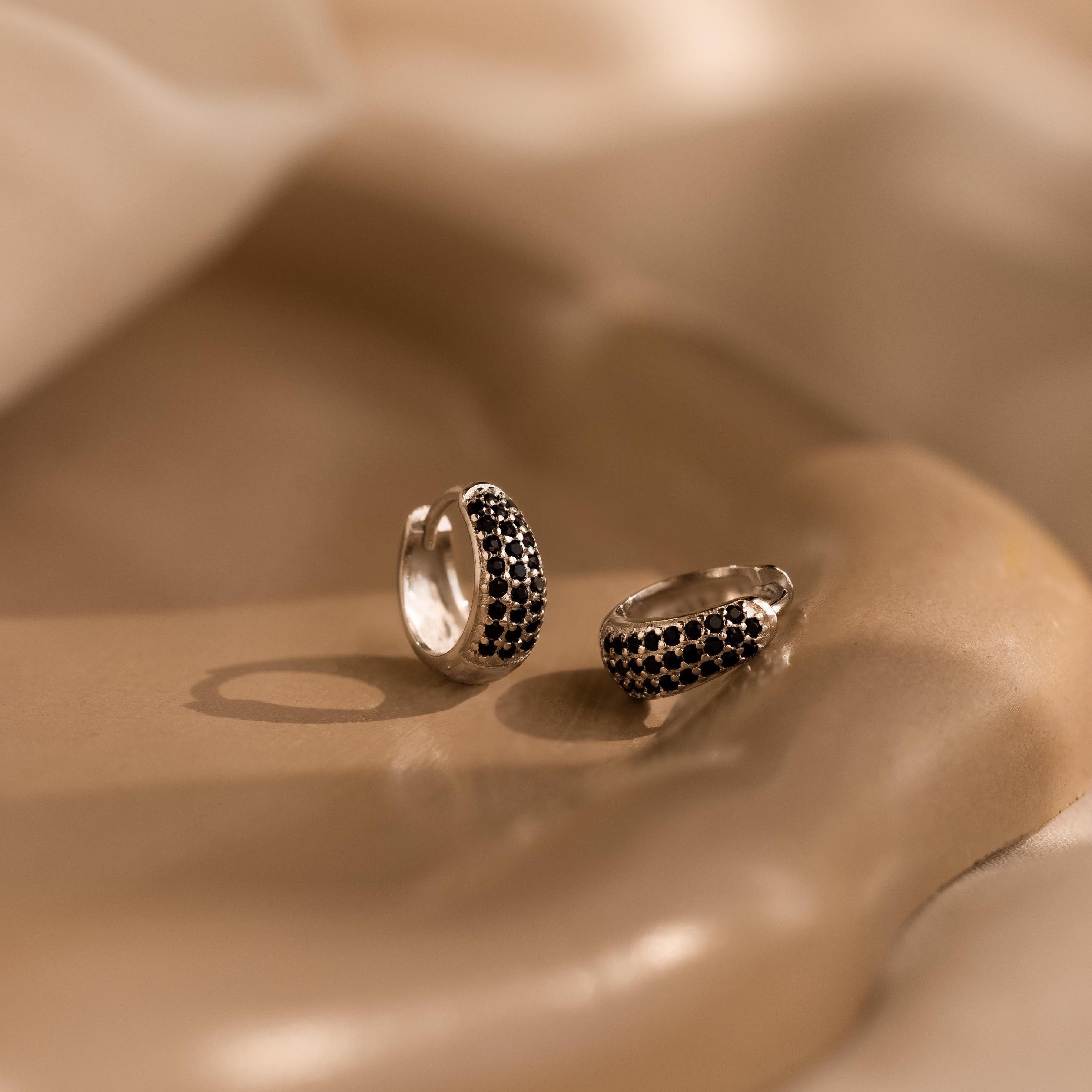 Chunky Onyx Pave Huggies - Thick Black Diamond Hoop Earrings in Gold