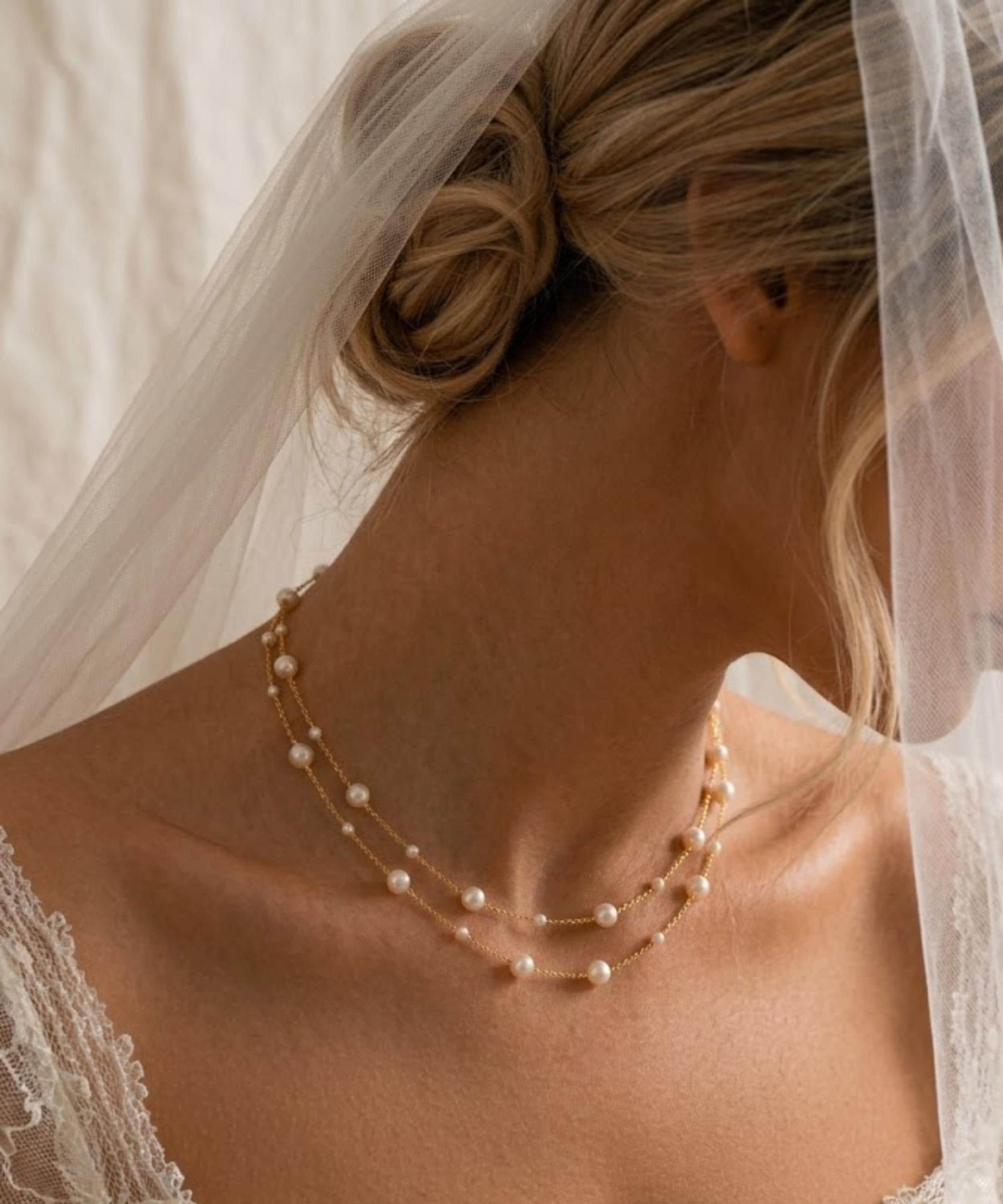 Double Layer Pearl Necklace, 18K Gold Necklace, Wedding Pearl Jewelry, Minimalist Gold, Bridal Gift