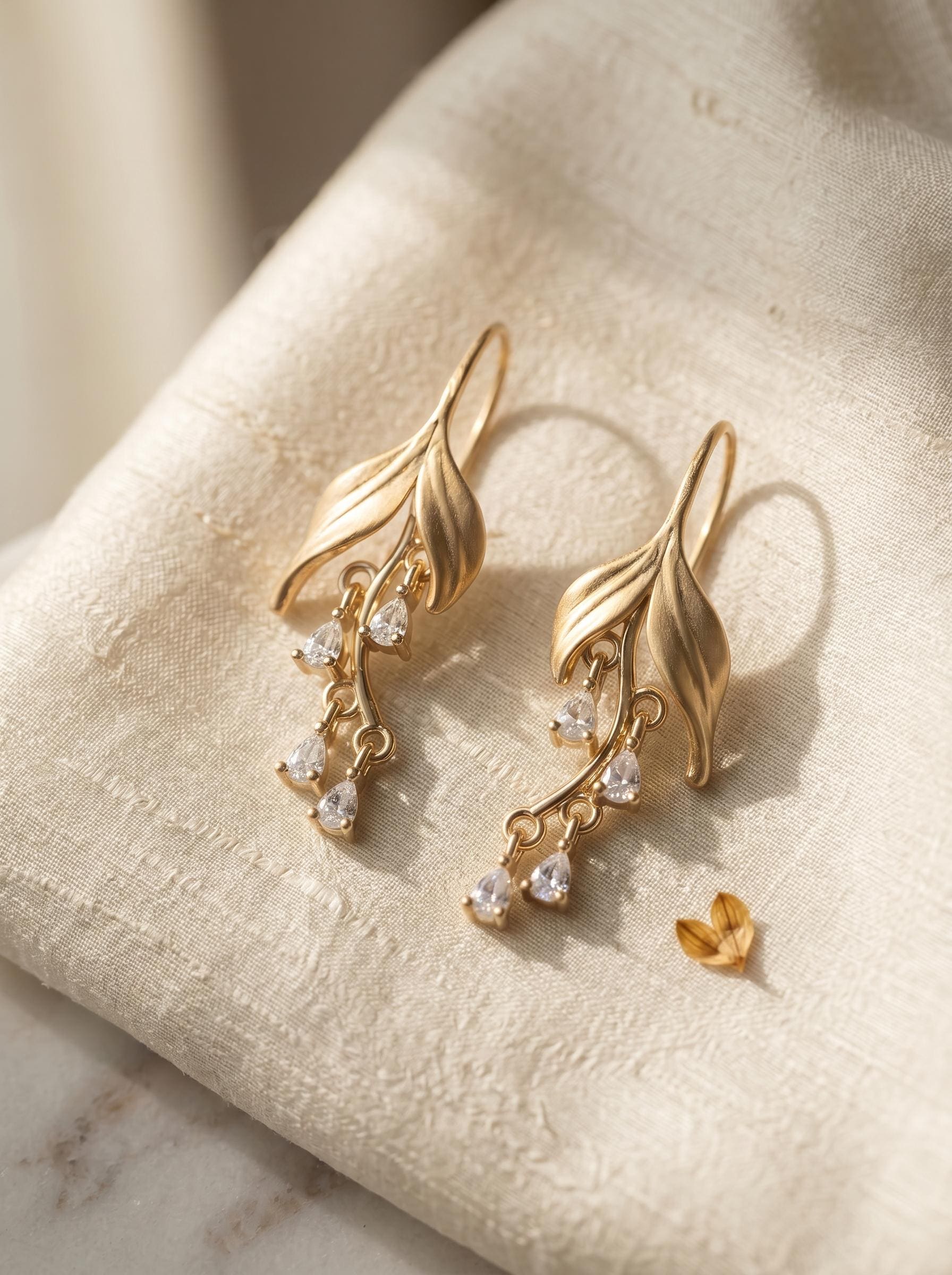 14k Gold Plated Leaf Earrings with Teardrop Crystals