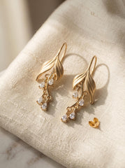 14k Gold Plated Leaf Earrings with Teardrop Crystals