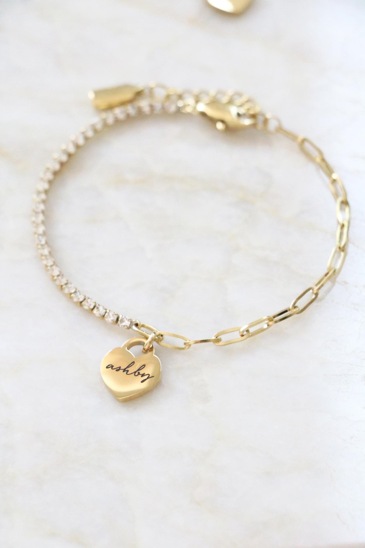 Personalized Heart Charm CZ Tennis Bracelet with Paperclip Chain