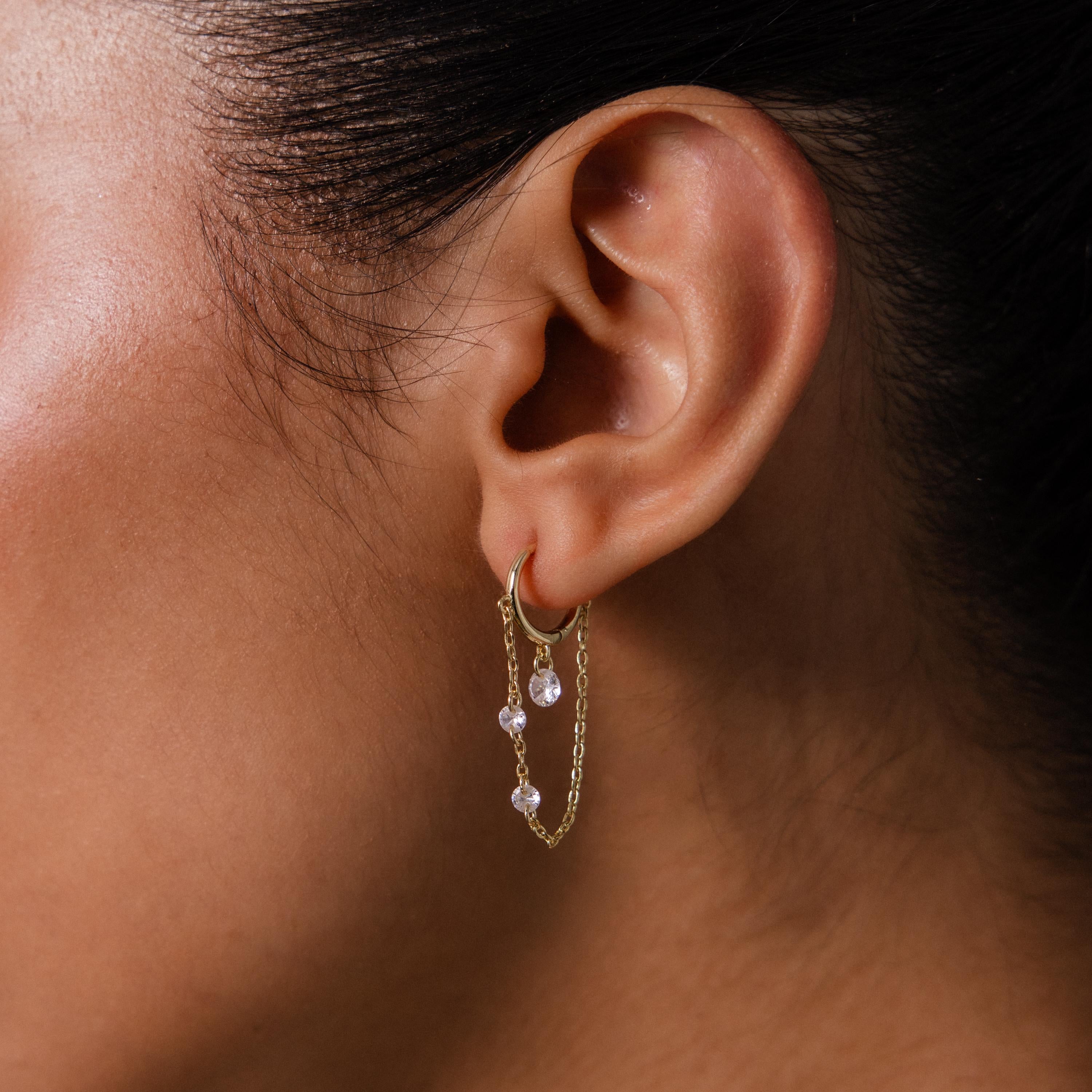 Crystal Chain Drop Huggies - Dangling Diamond Chain Earrings