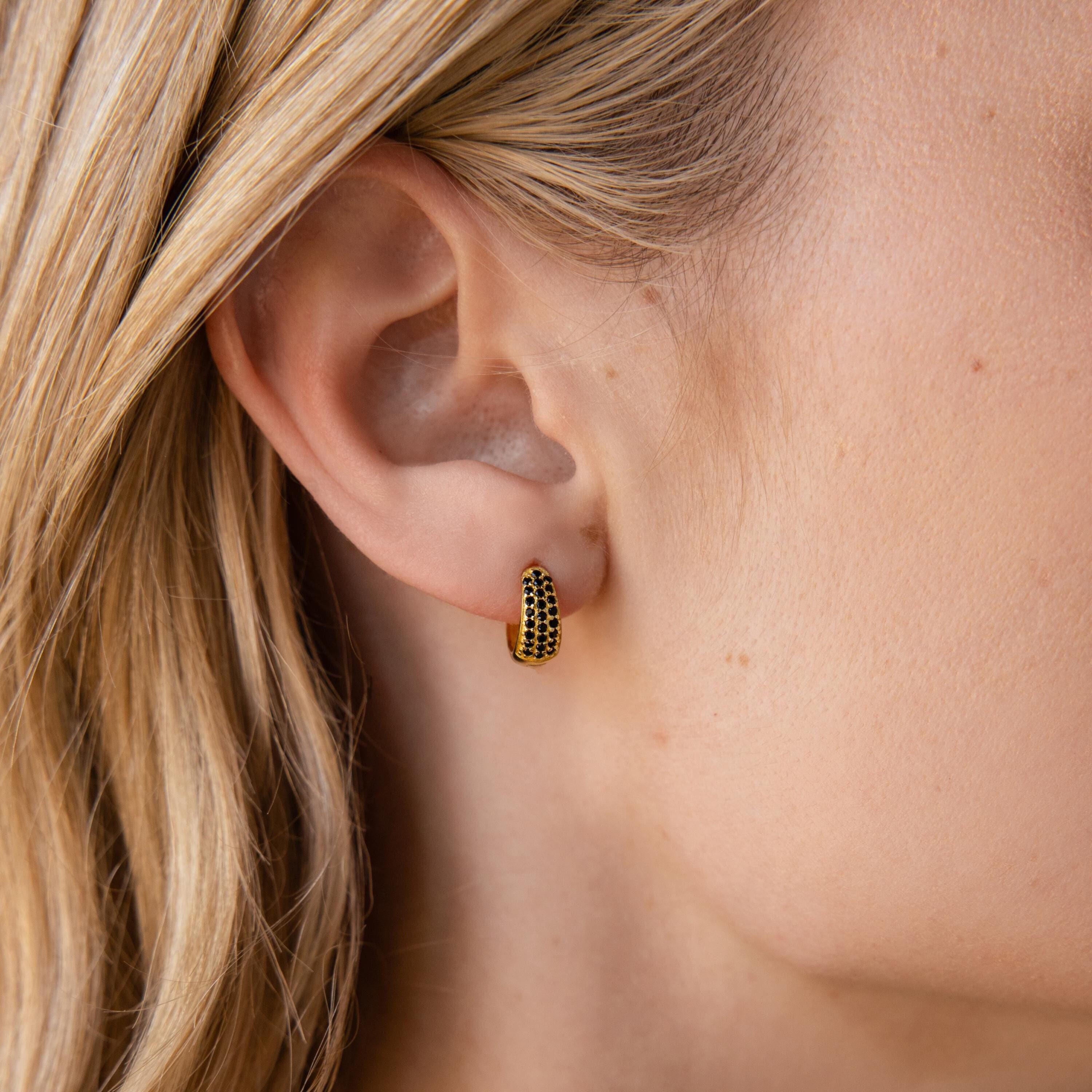 Chunky Onyx Pave Huggies - Thick Black Diamond Hoop Earrings in Gold