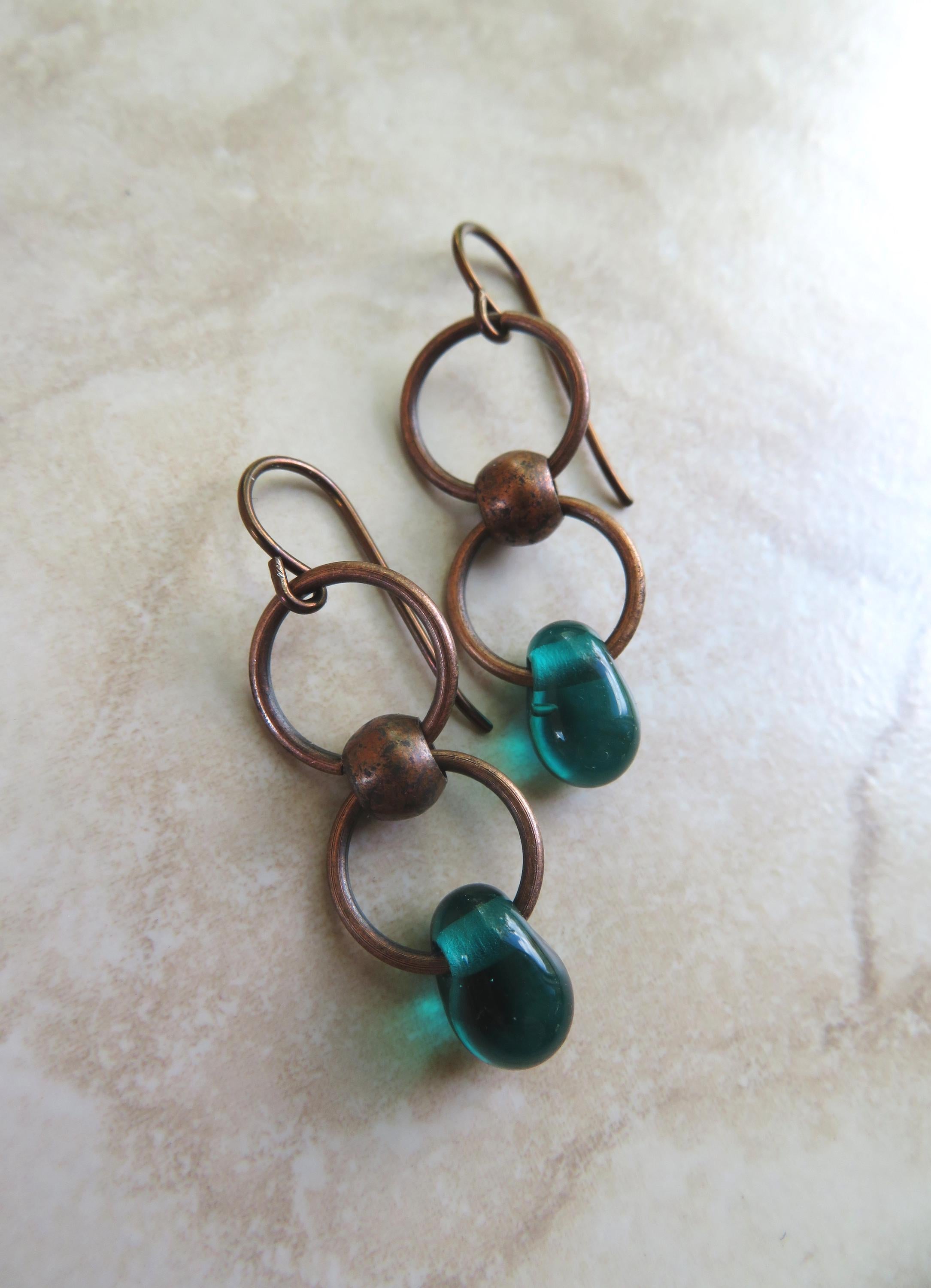 Teal Infinity Droplets Earrings with Copper Dangles and Niobium Earwires
