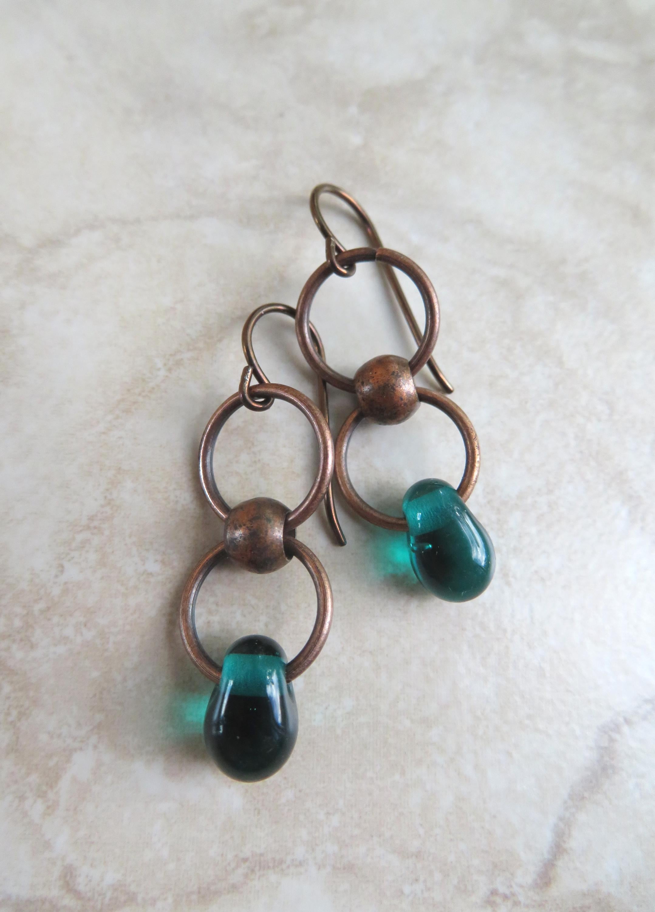 Teal Infinity Droplets Earrings with Copper Dangles and Niobium Earwires