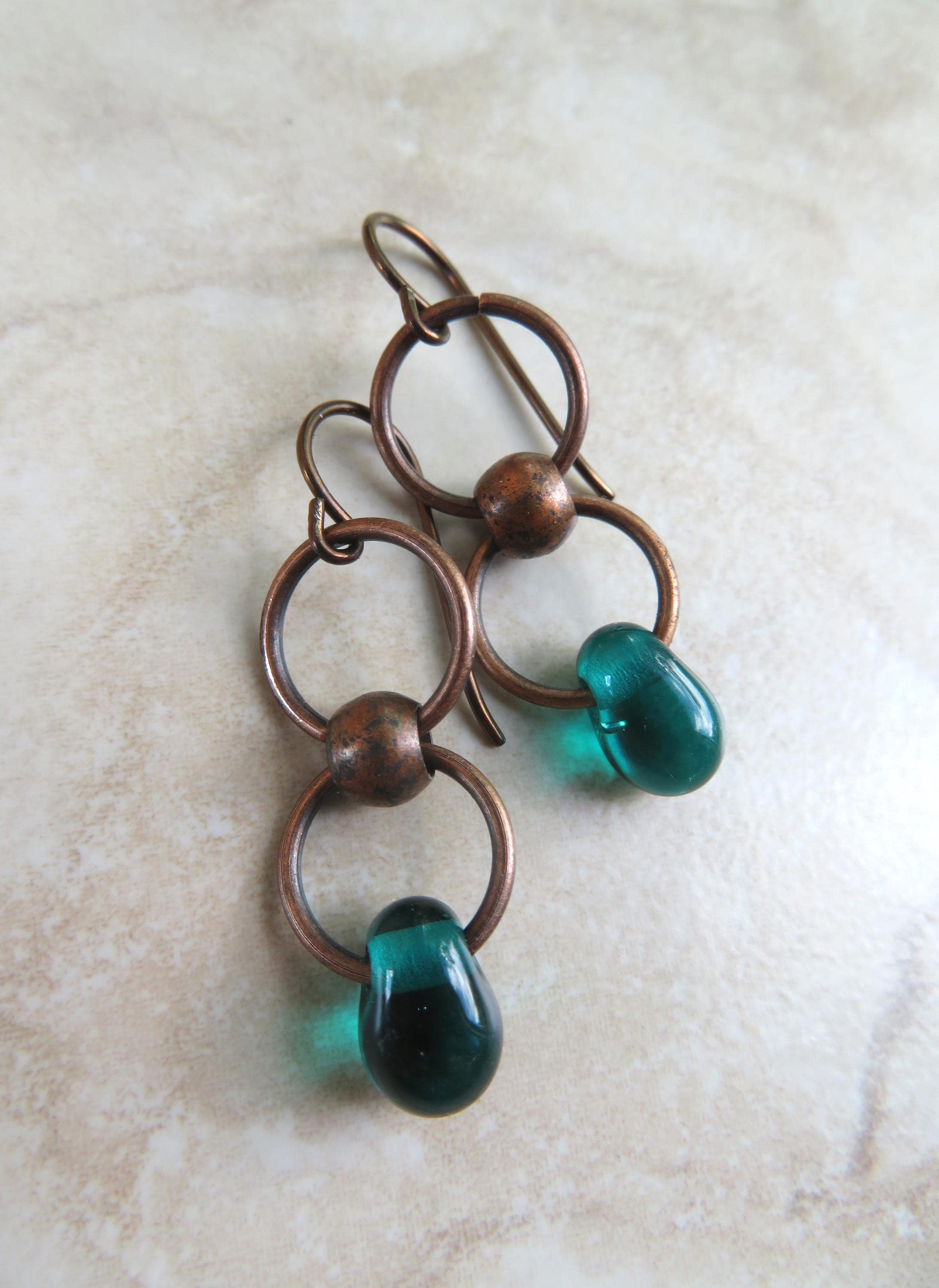 Teal Infinity Droplets Earrings with Copper Dangles and Niobium Earwires