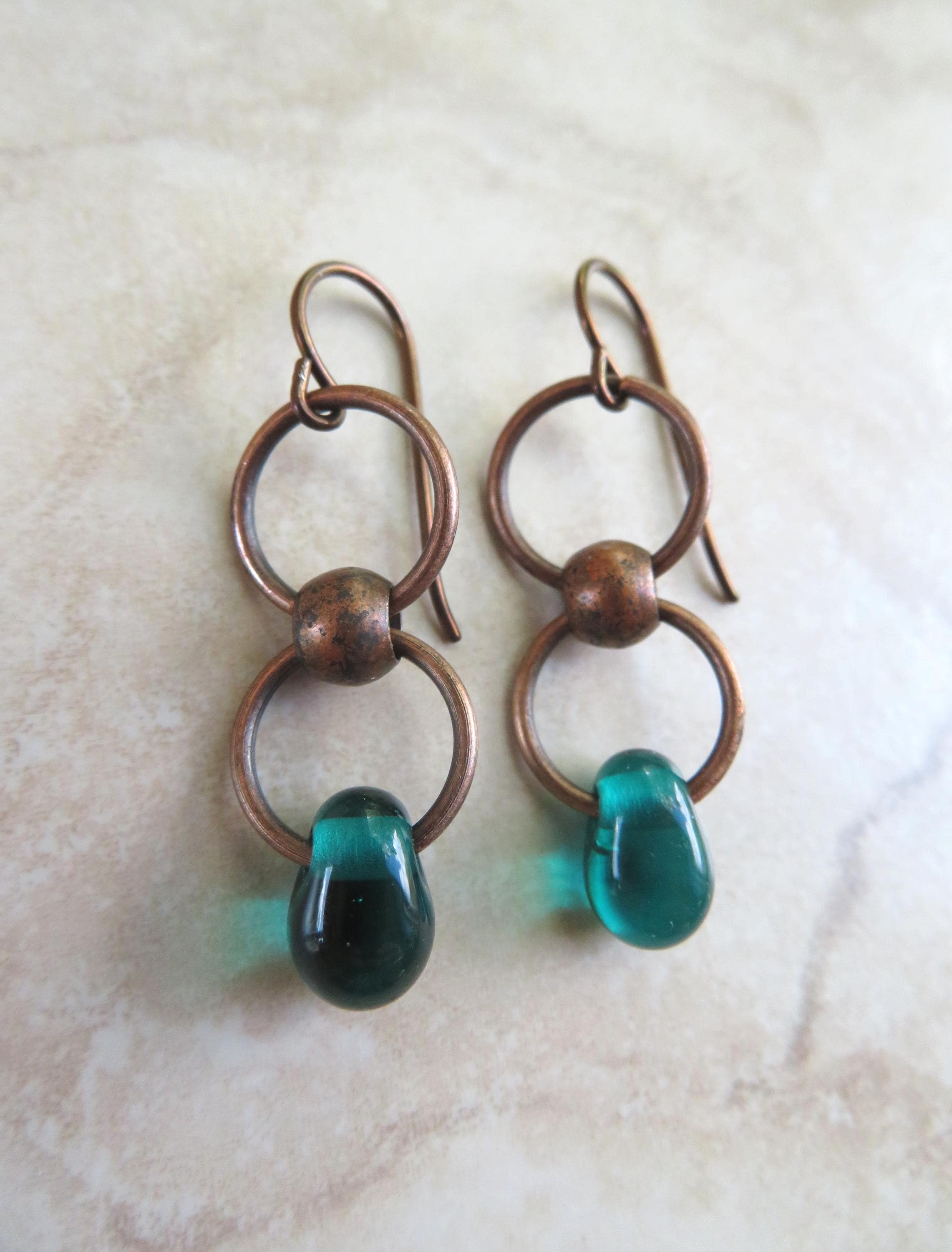 Teal Infinity Droplets Earrings with Copper Dangles and Niobium Earwires